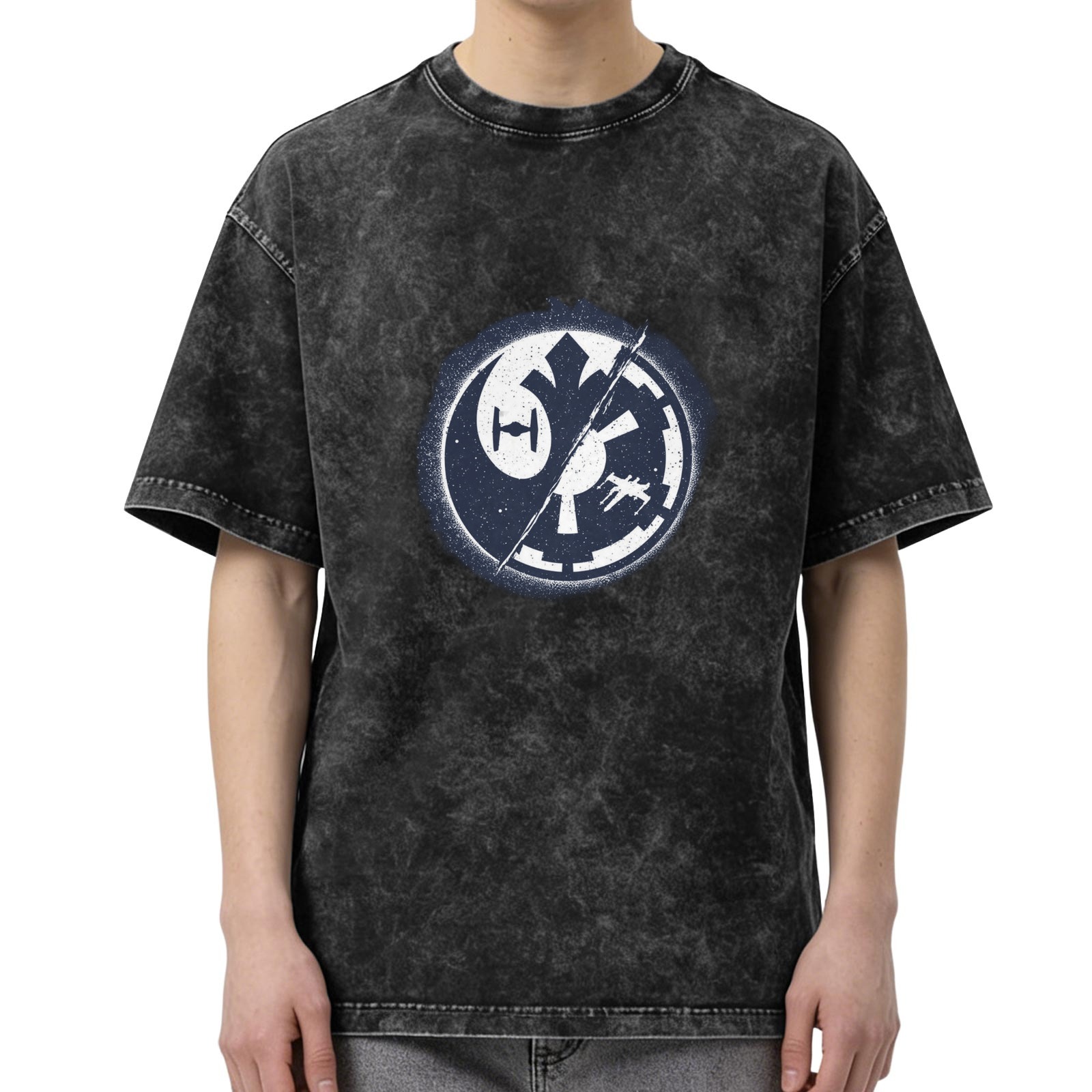 Star Wars themed acid wash short-sleeve T-shirt with Rebel and Imperial faction emblem graphic design