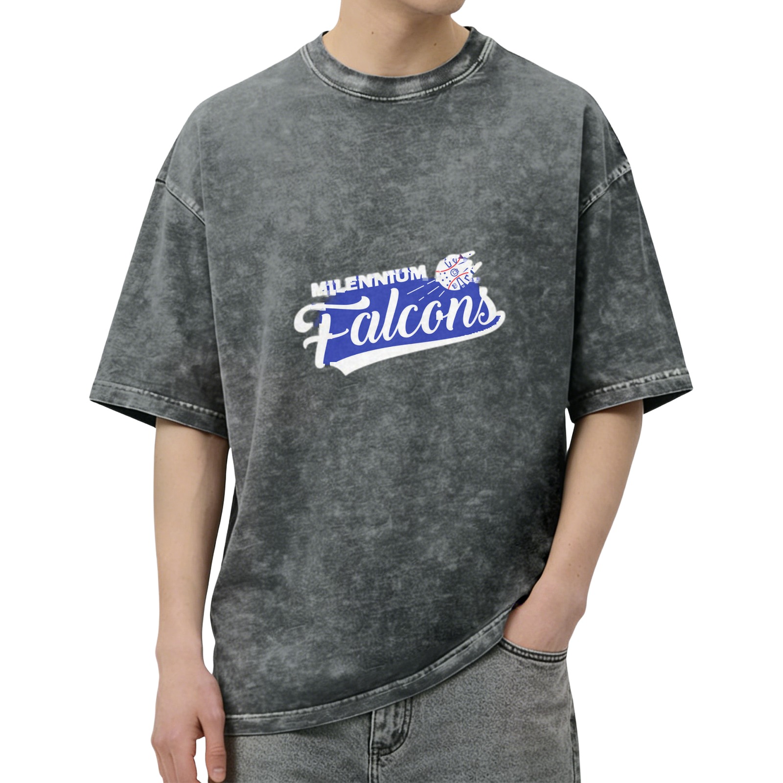 Washed Black Graphic T-Shirt with Millennium Falcons Print