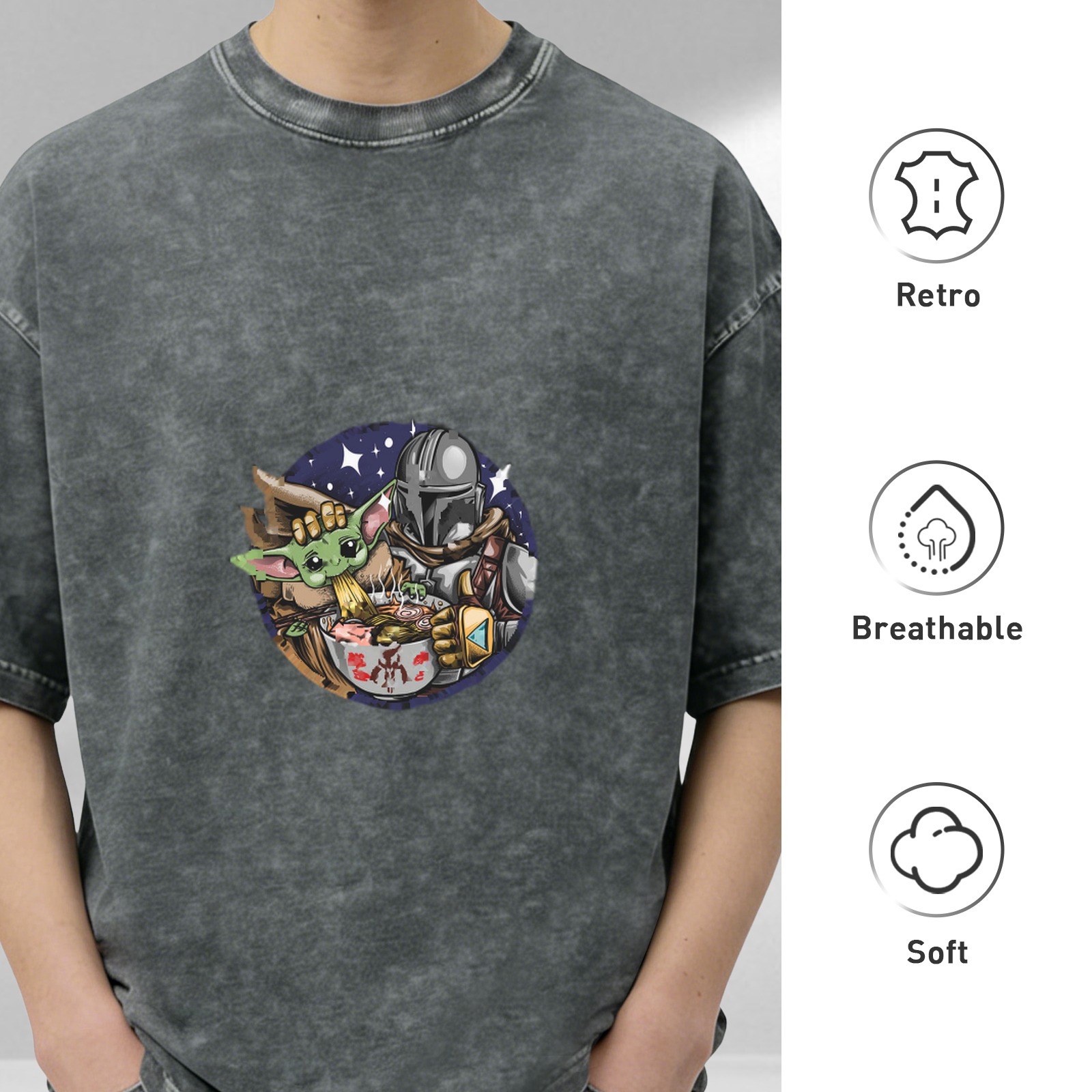 Star Wars Themed Washed Cotton T-Shirt With Grogu and Mandalorian Graphic