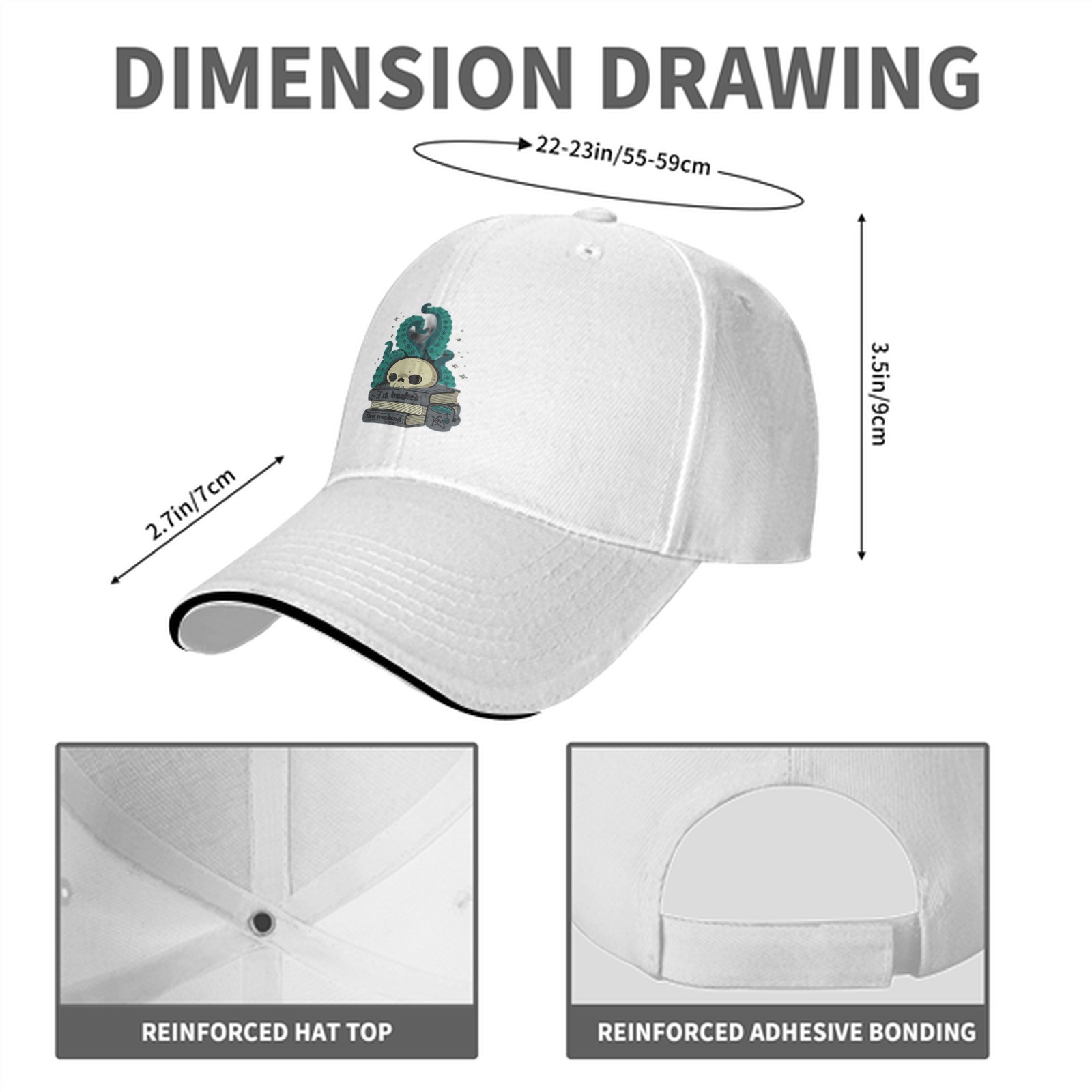 Black baseball cap with skull tentacle book graphic design