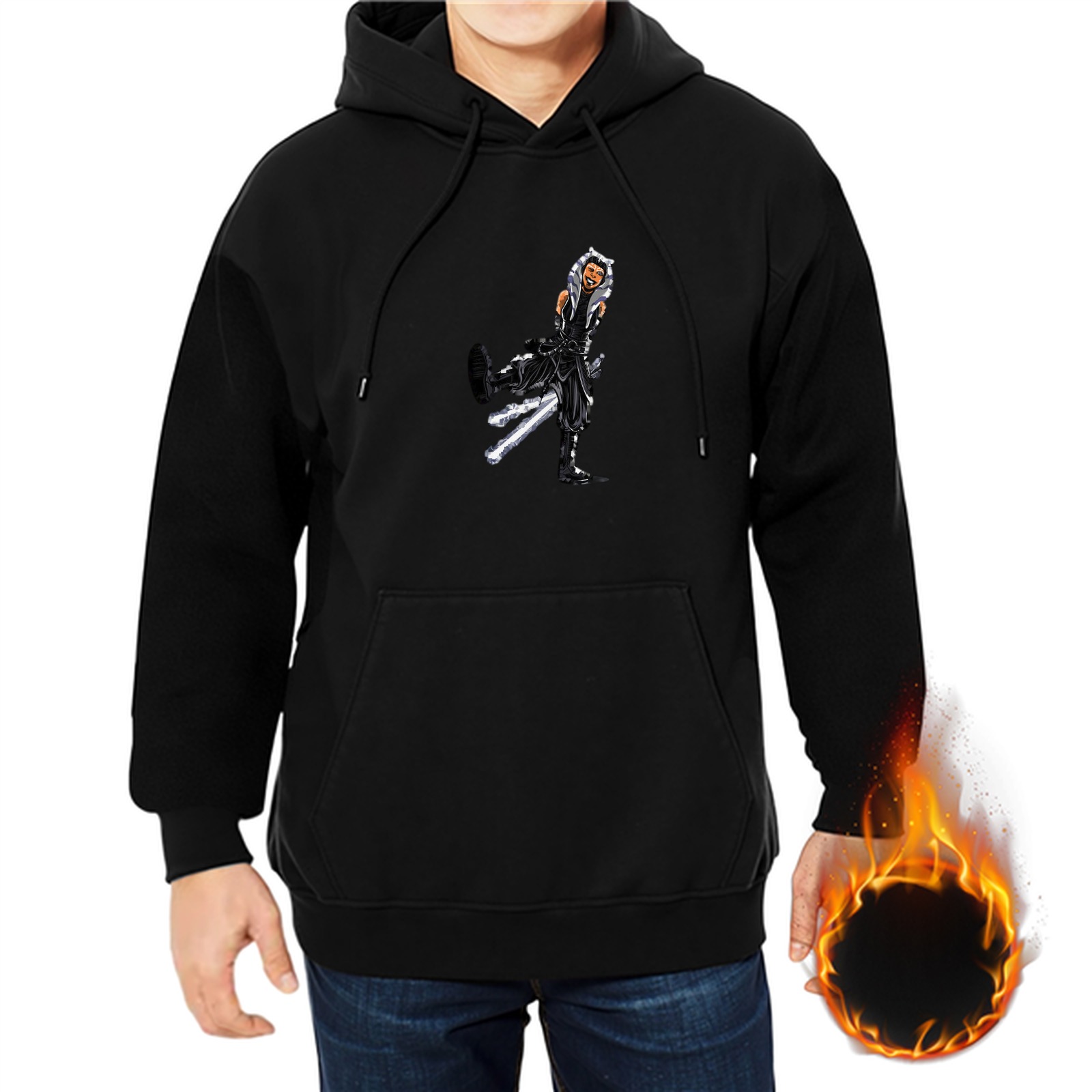 Black hoodie with fantasy warrior character graphic print