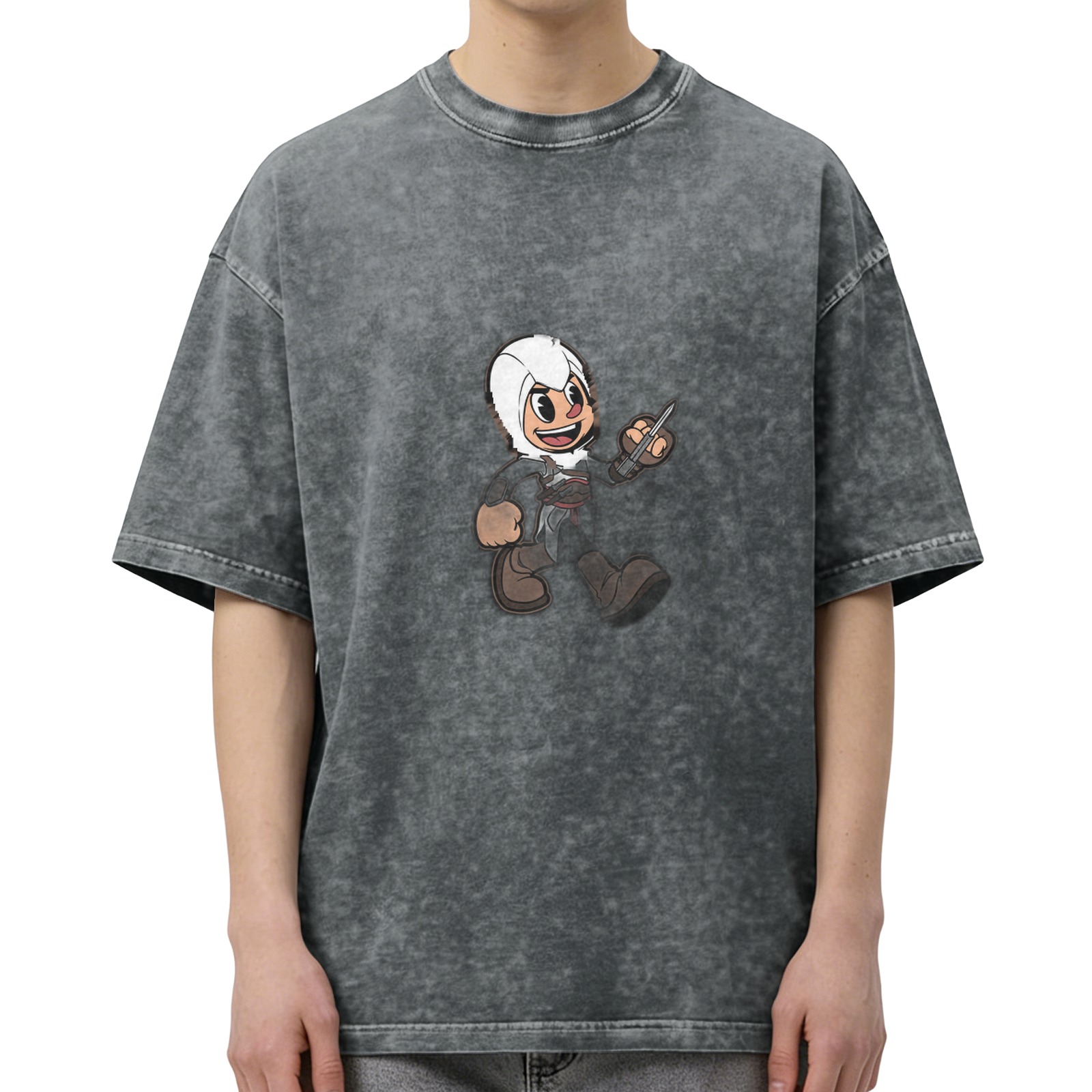 Oversized Acid Wash T-Shirt With Cartoon Assassin Print