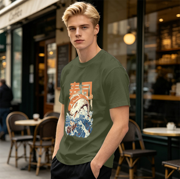 Olive t-shirt with sushi monster and great wave graphic
