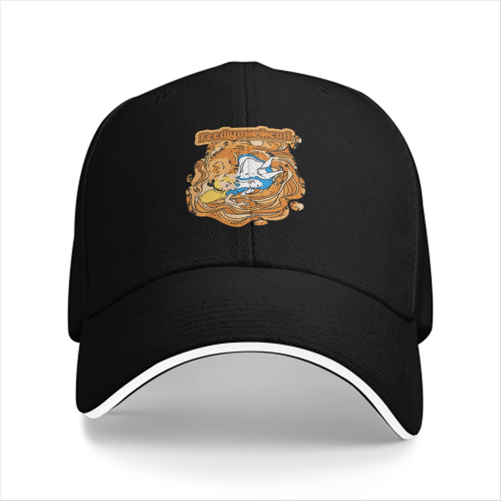 Black baseball cap with whimsical illustrated character design