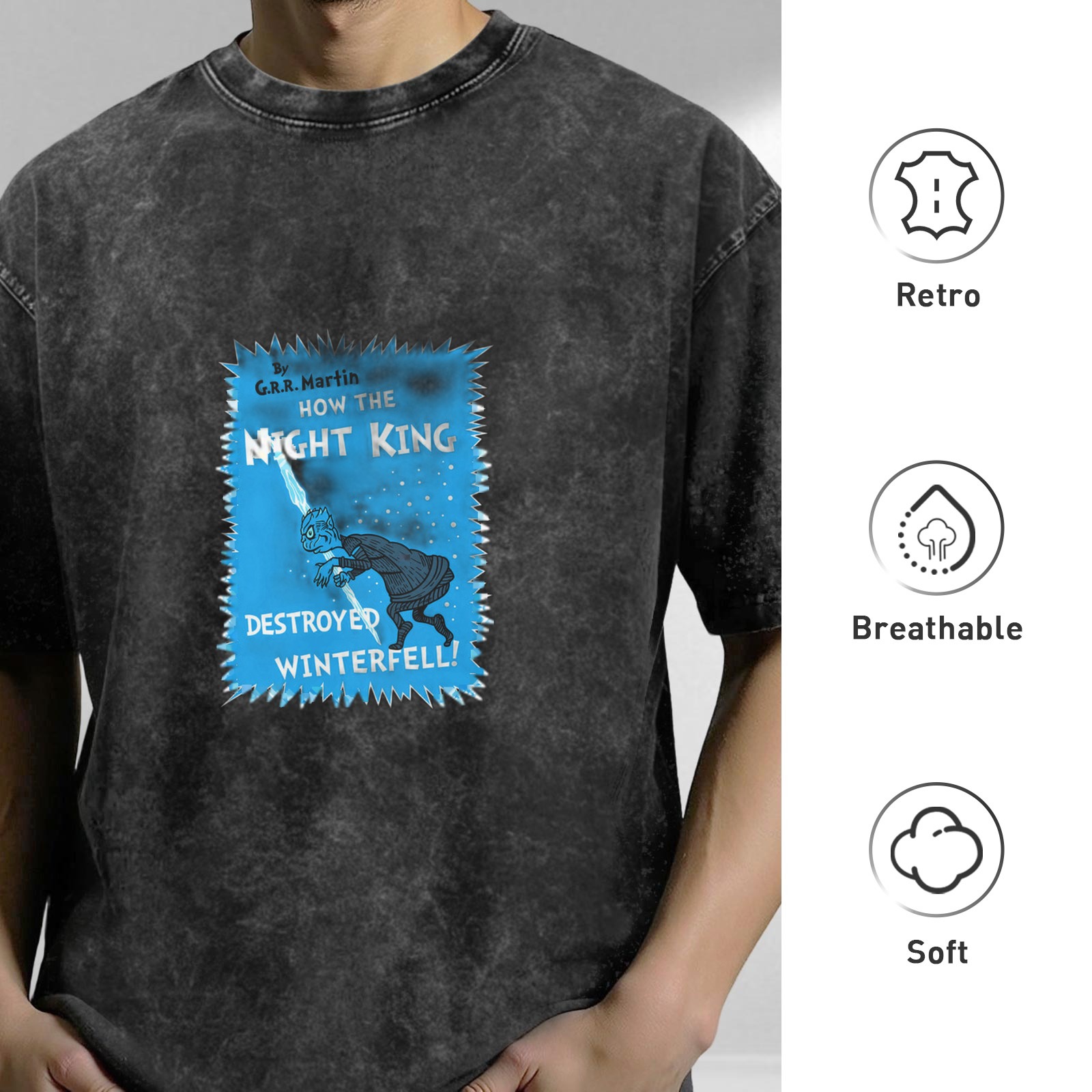 Oversized dark wash t-shirt with Night King Winterfell graphic print