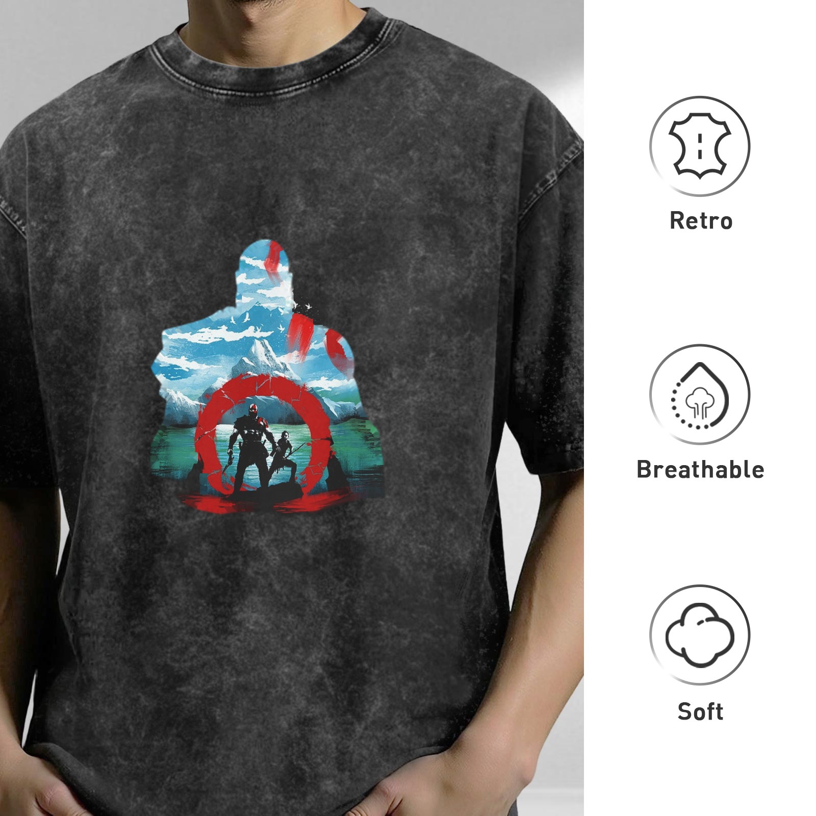 God of War themed distressed printed short-sleeved T-shirt, washed black loose style