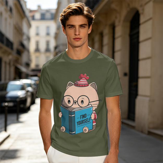 Olive T-shirt with Cute Reading Cat Graphic 'Find Yourself'