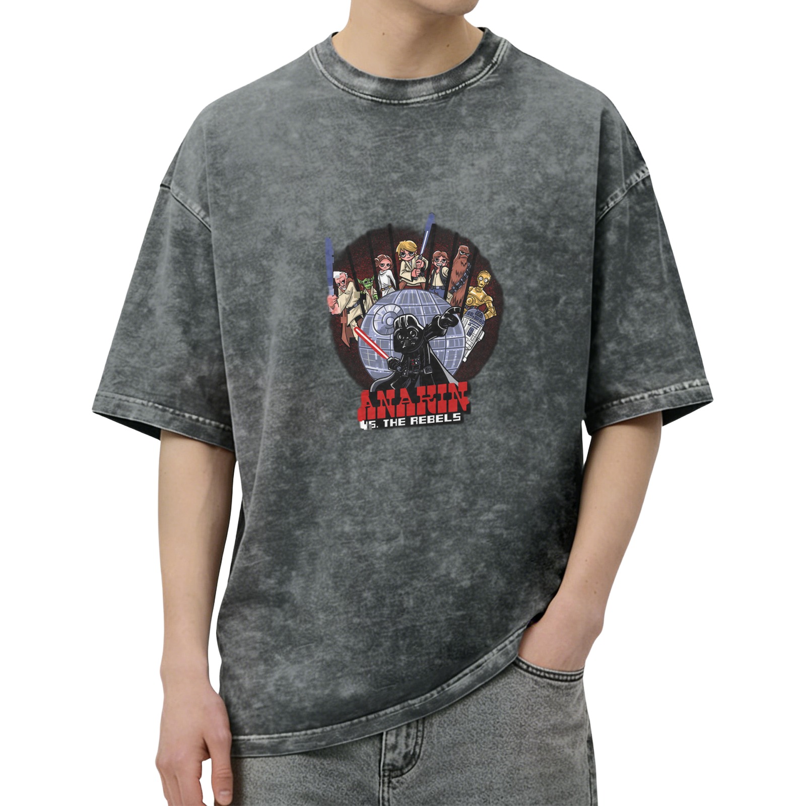 Star Wars themed washed distressed short-sleeved T-shirt Anakin vs Rebels printed casual top