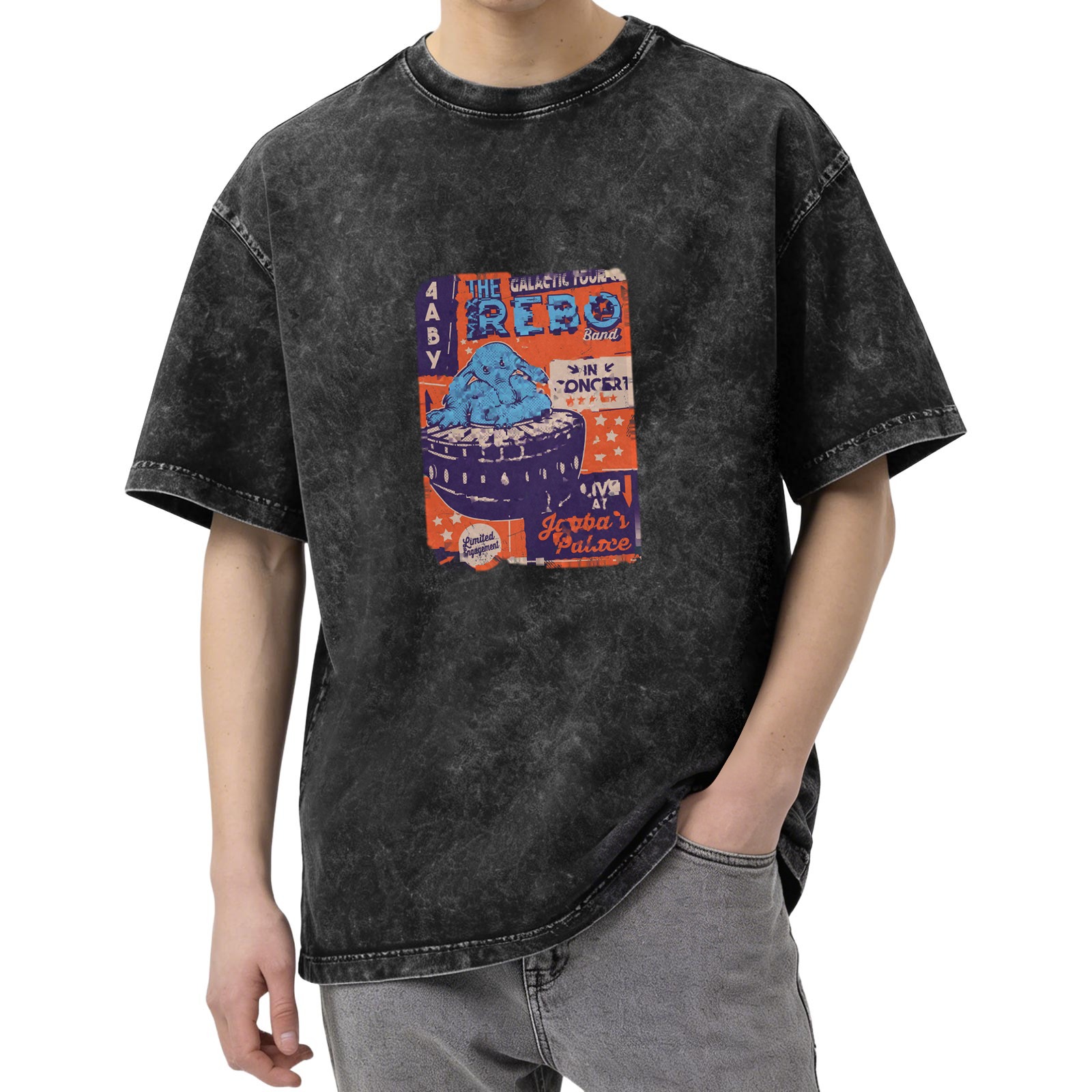 Oversized Acid Wash T-Shirt with The Max Rebo Band Jabba's Palace Concert Print