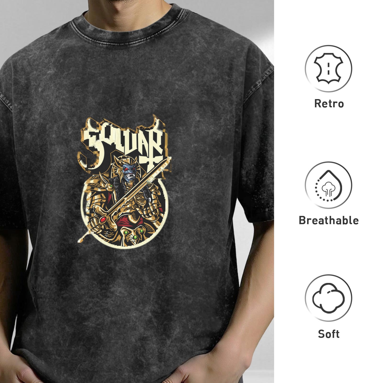 Oversized Acid Wash T-Shirt With Fantasy Warrior Graphic Print