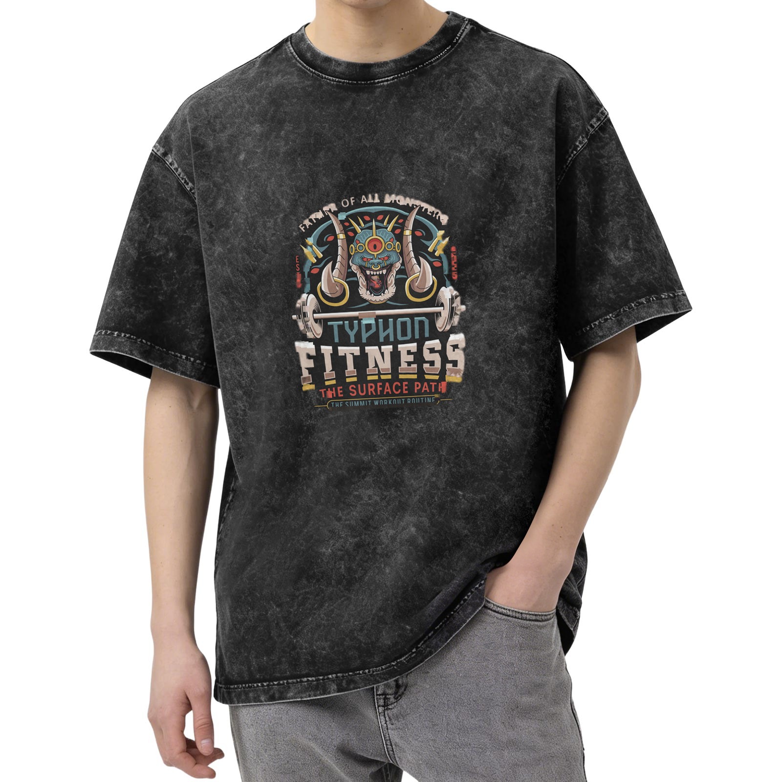 Washed Black Gym T-Shirt With Typhon Fitness Monster Graphic