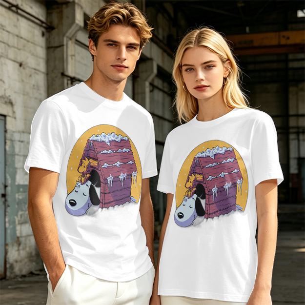 Olive T-shirt with Snoopy and Woodstock at snow-covered doghouse