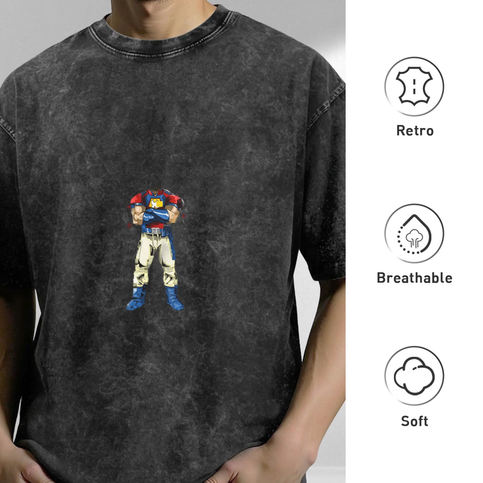 Oversized Dark Wash T-Shirt With Cartoon Character Print