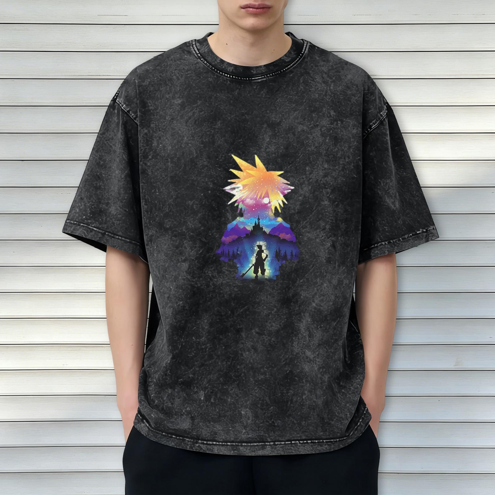 Final Fantasy themed distressed printed short-sleeved T-shirt