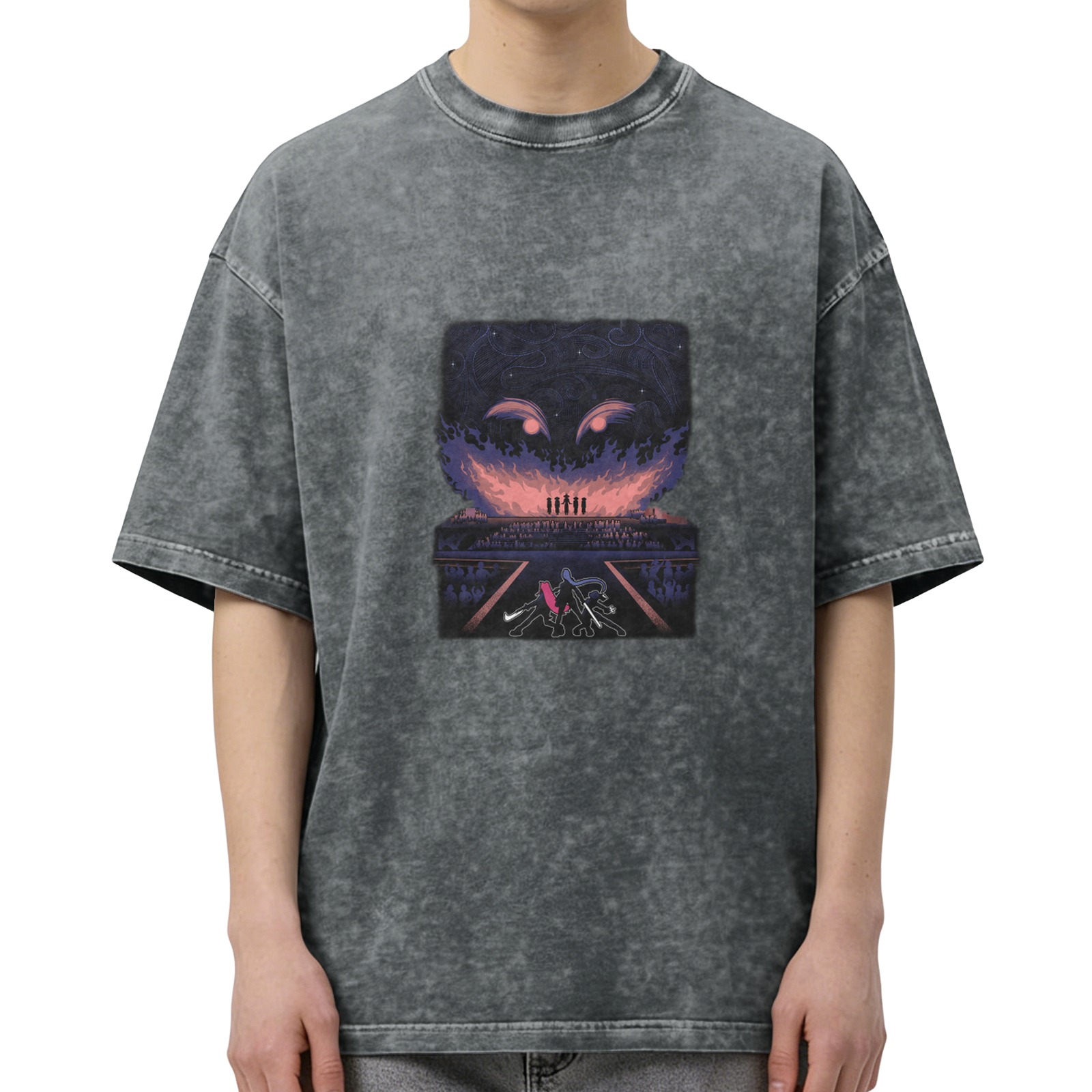 Oversized Acid Wash Graphic T-Shirt with Dark Fantasy Art Print