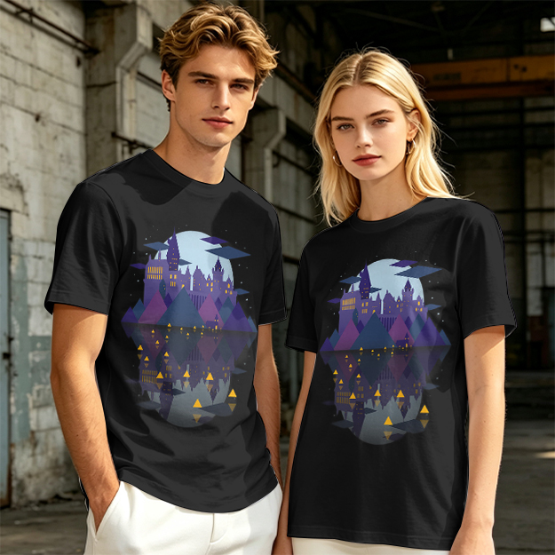 Olive T-Shirt With Night Castle Lake Reflection Graphic