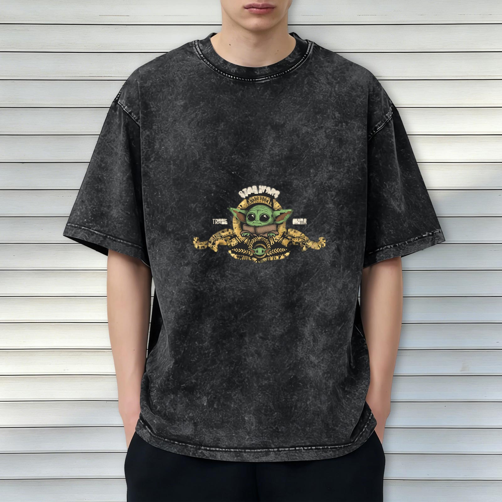 Star Wars Baby Yoda Graphic Acid Wash Black T-Shirt