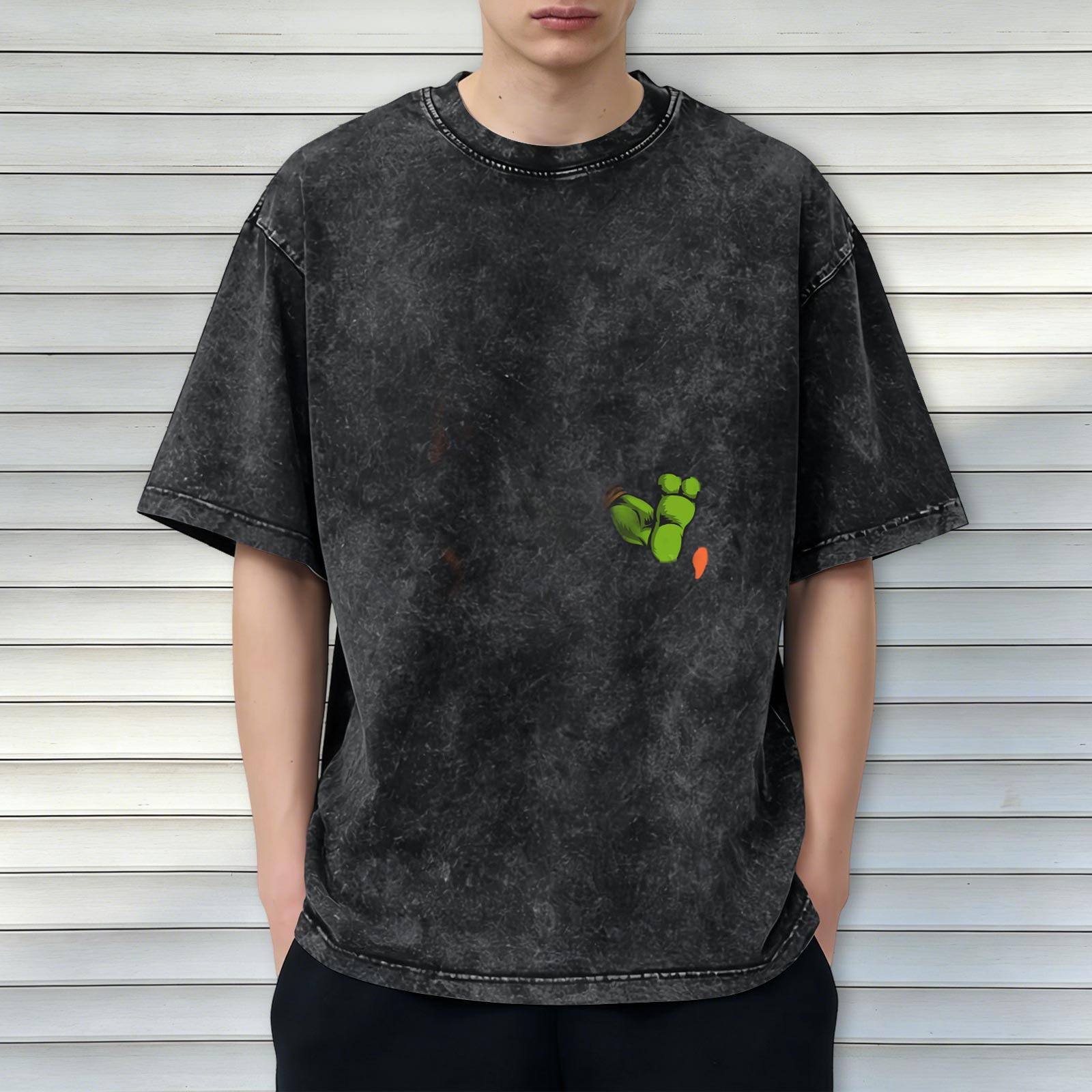 Oversized Acid Wash T-Shirt With Green Foot Print Graphic