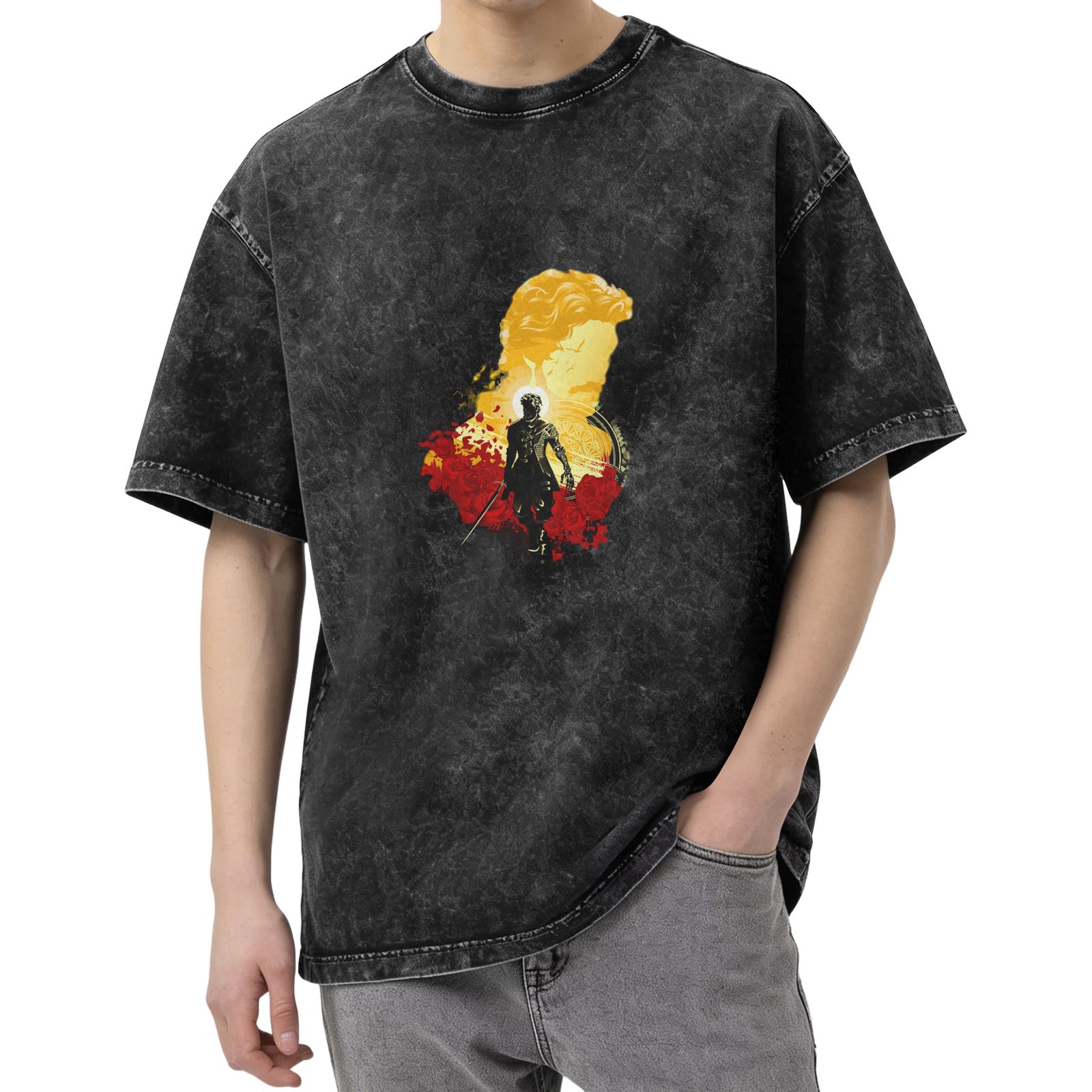 Washed black graphic t-shirt with warrior and classical bust art