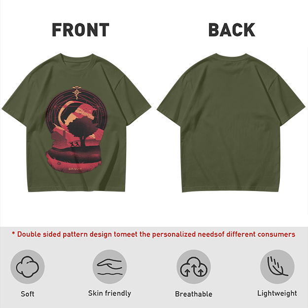 Olive t-shirt with Fullmetal Alchemist inspired sunset landscape print