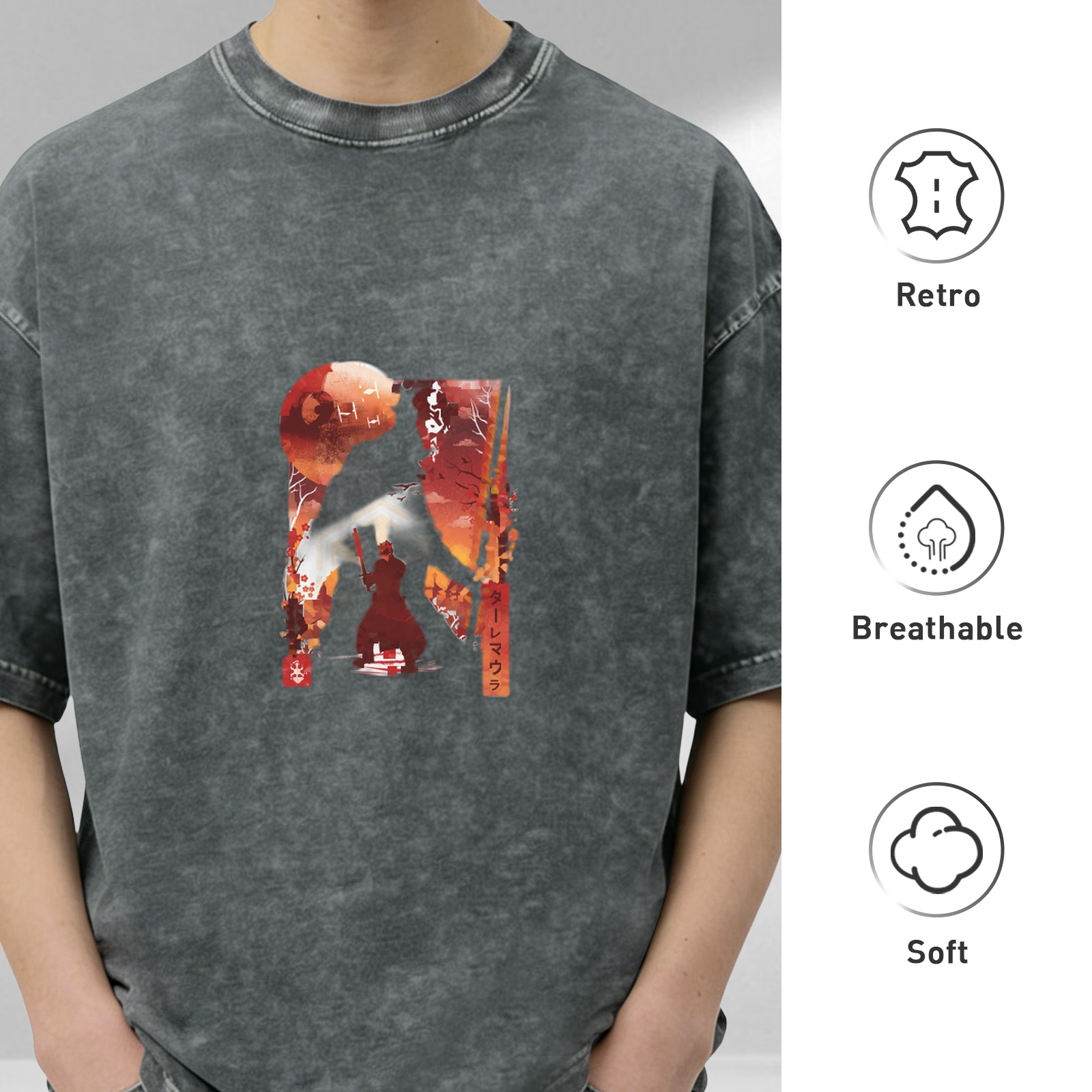 Oversized Acid Wash T-Shirt With Japanese Themed Monster Art Print