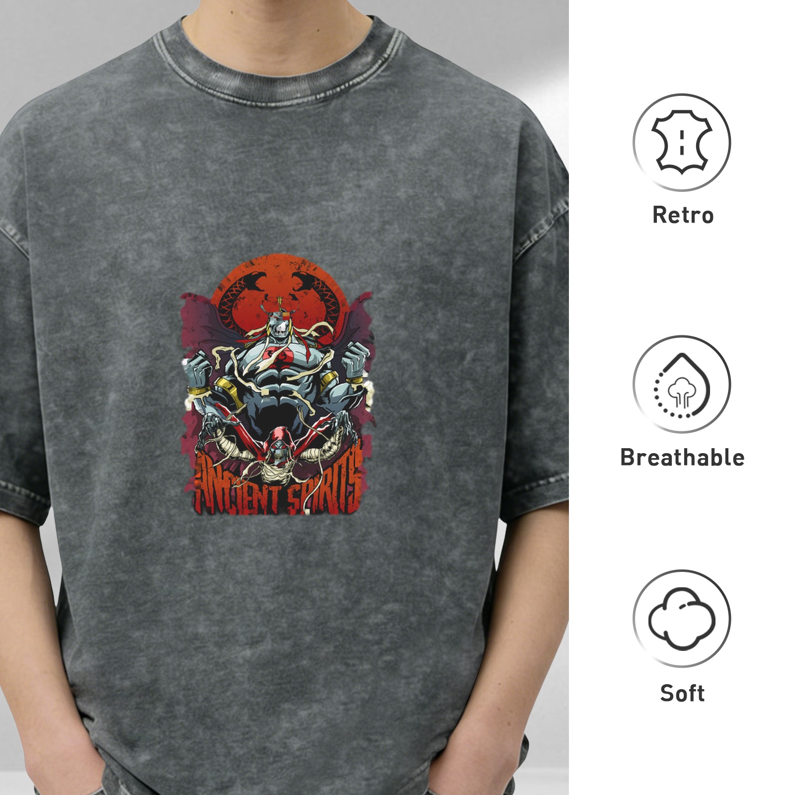 Washed Black Graphic T-Shirt with Ancient Spirits Monster Print