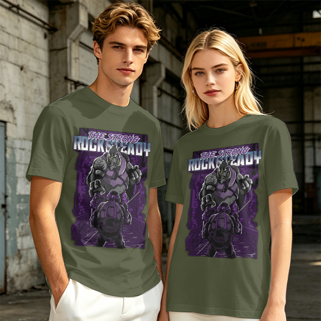 Olive green t-shirt featuring Rocksteady the strong mutant character