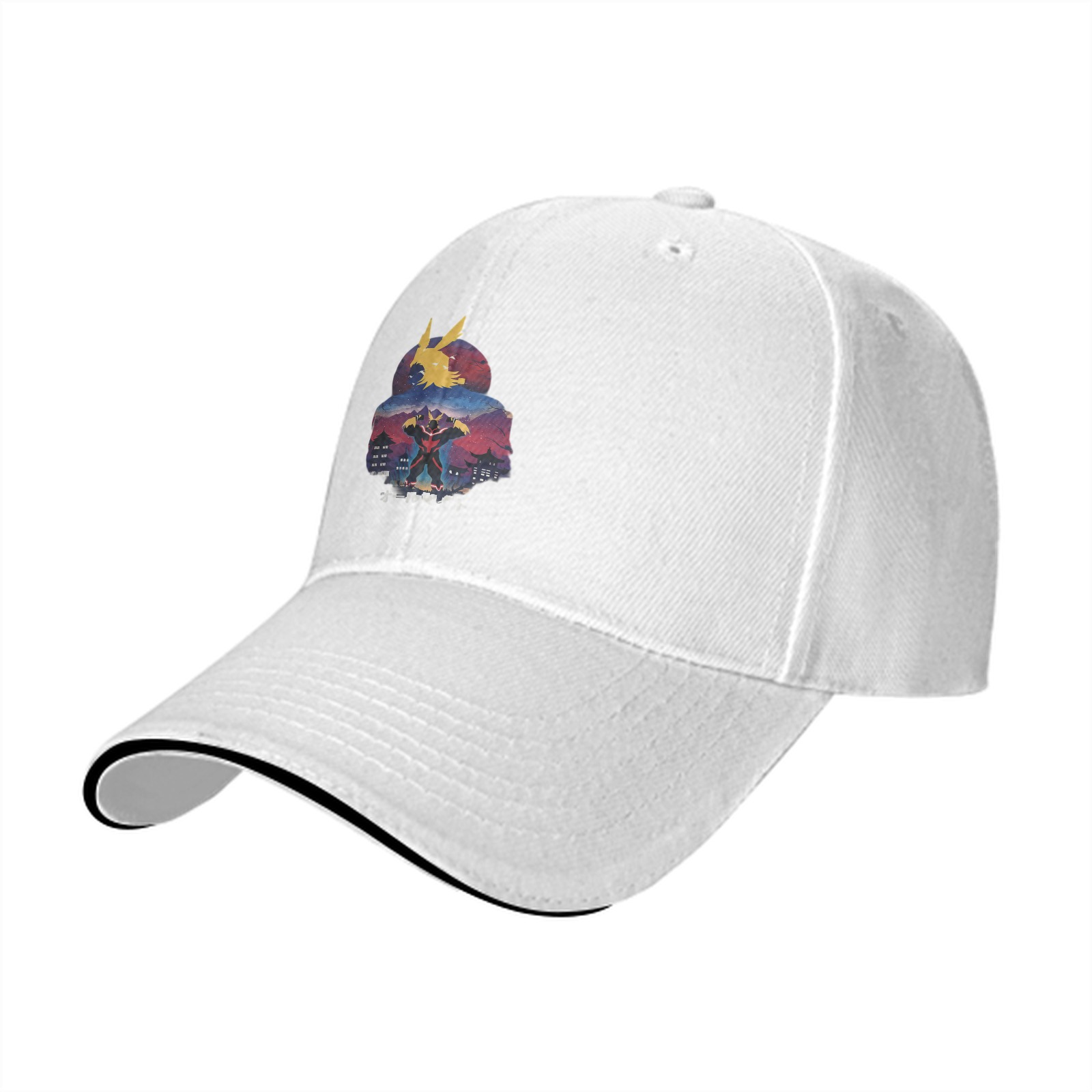 Black baseball cap with anime hero graphic print