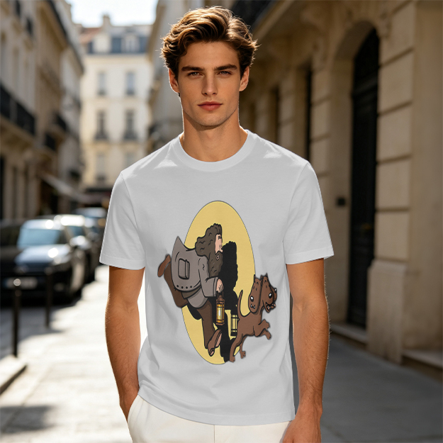 Olive T-Shirt With Cartoon Man And Dog Running Graphic