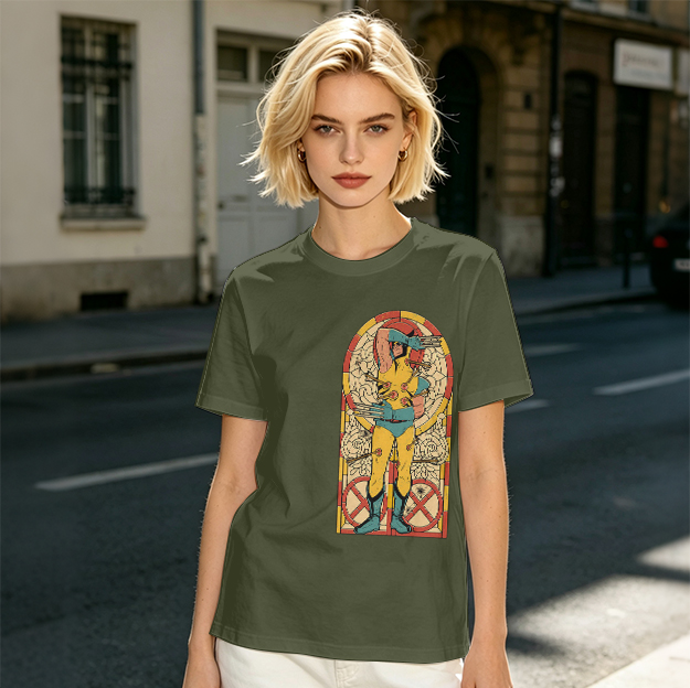 Olive T-shirt with Wolverine Stained Glass Style Print