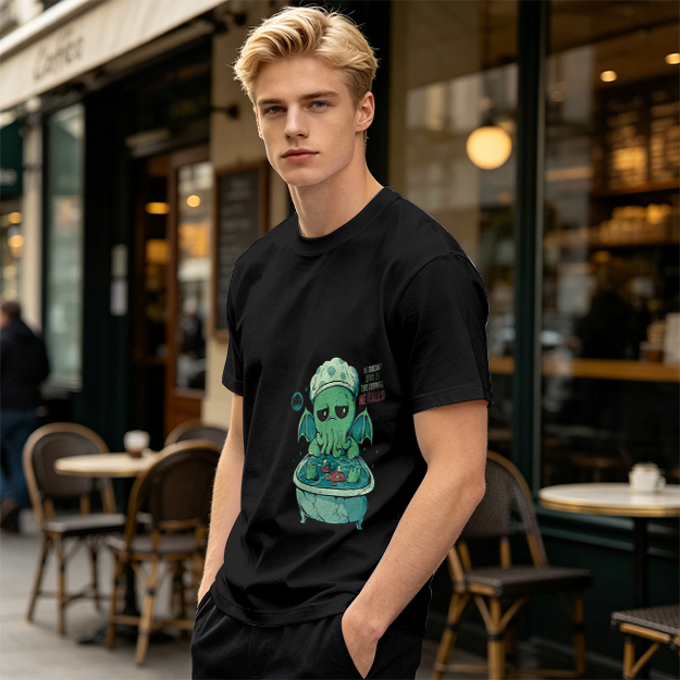 Olive T-shirt with Cute Sad Cthulhu Bathing Graphic