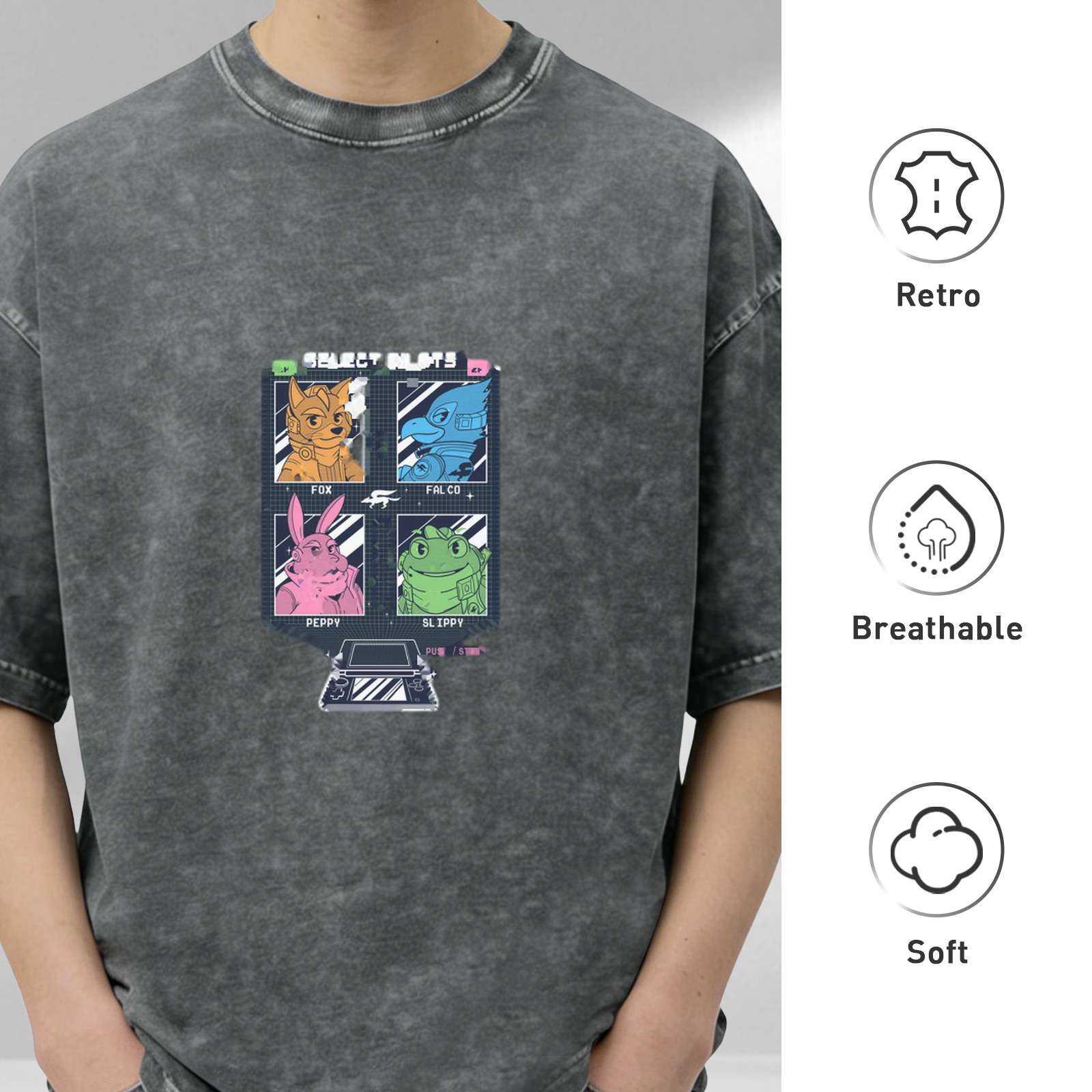 Vintage Black T-Shirt With Retro Video Game Character Select Screen Graphic