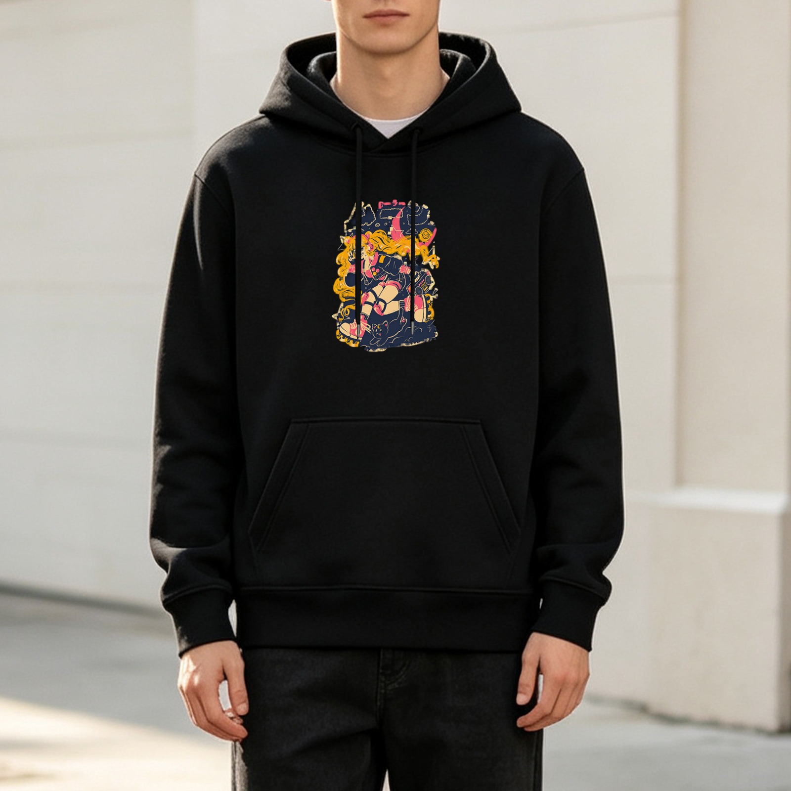 Black Hoodie with Whimsical Witch and Cat Graphic Print