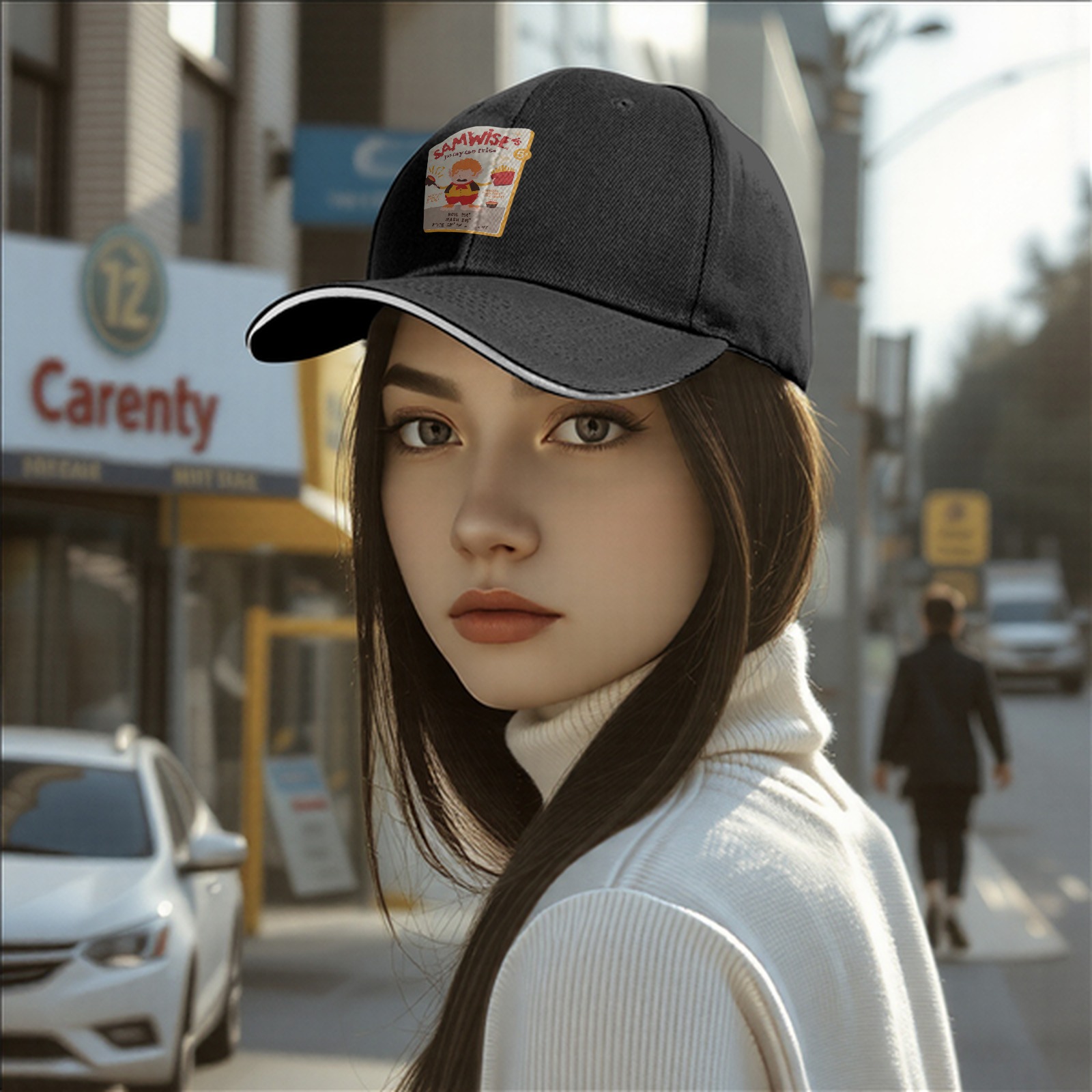 Black baseball cap with Samwise's potato fries graphic