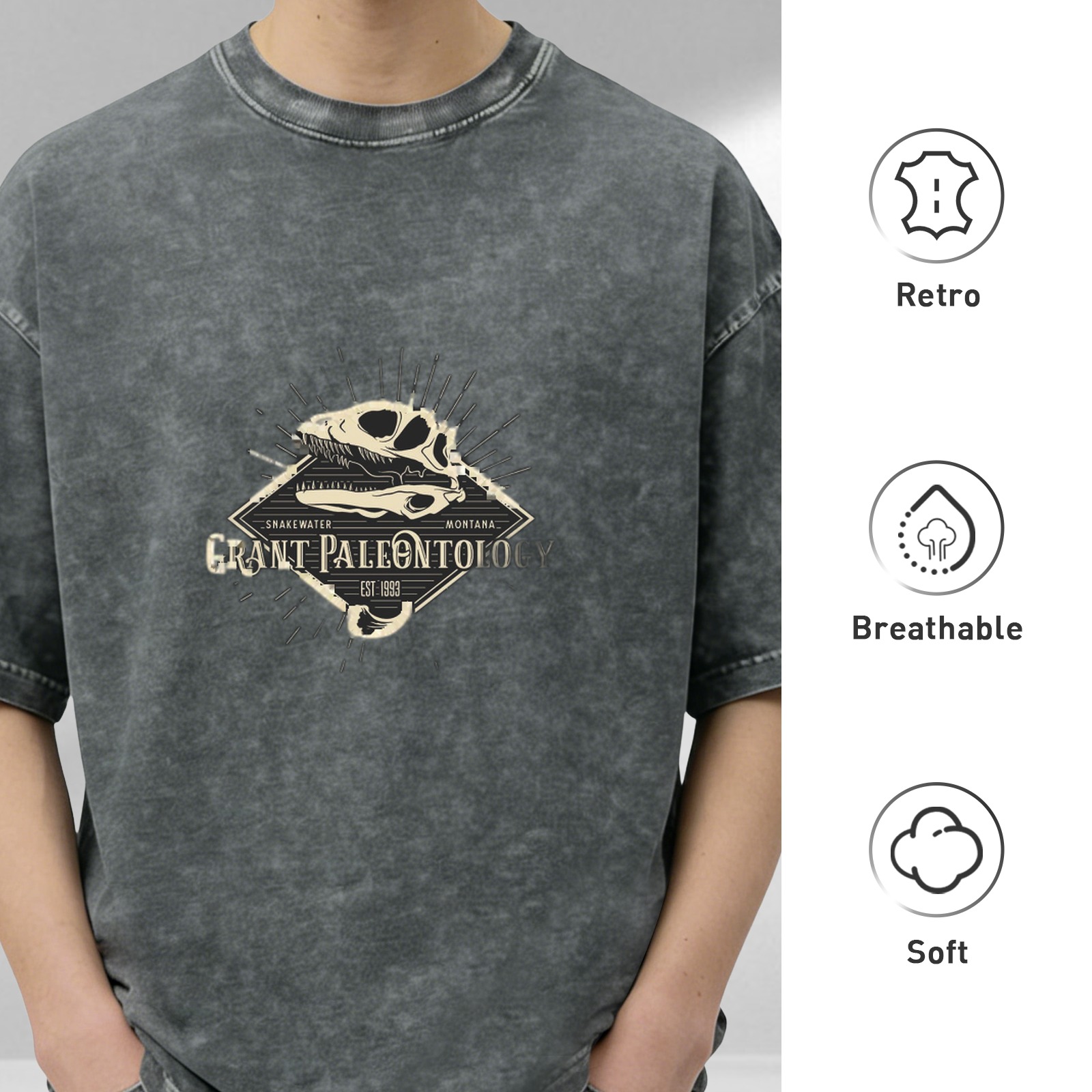 Grant Paleontology Dinosaur Skull Graphic Acid Wash Oversized T-shirt