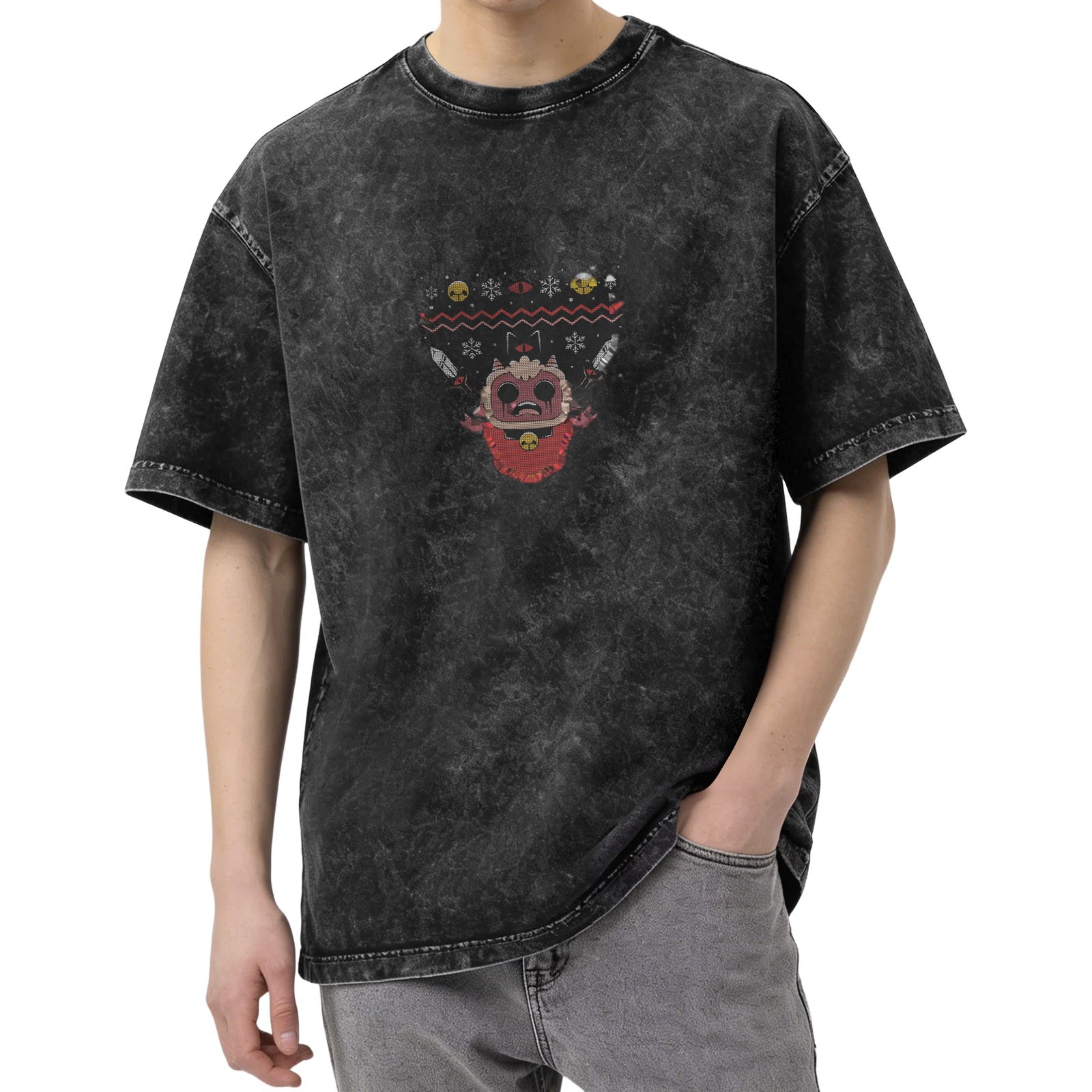 Washed Black T-Shirt With Festive Demon Graphic Print