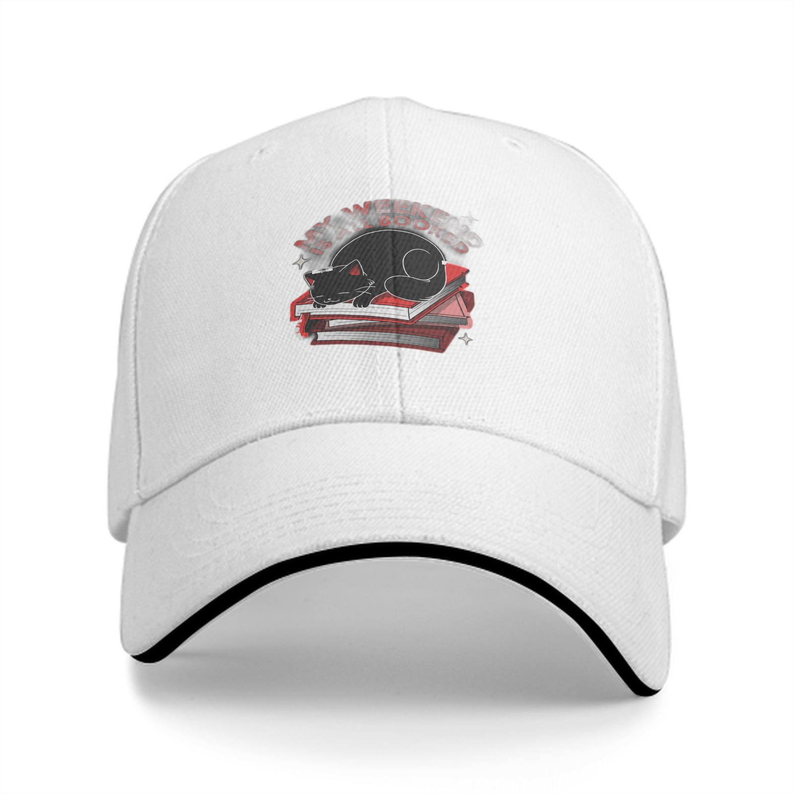Black Baseball Cap with Sleeping Cat on Books Graphic