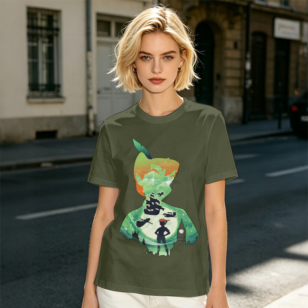 Olive T-shirt with Peter Pan Silhouette Artwork