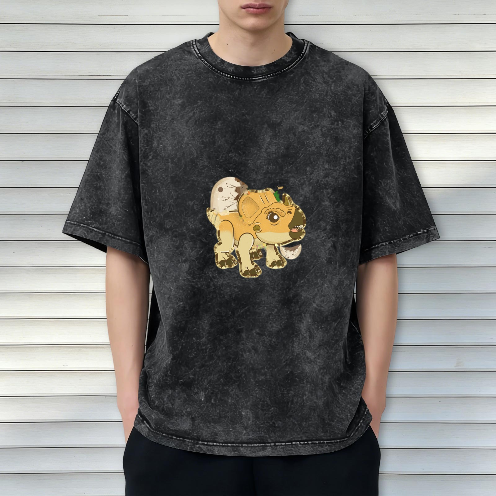 Washed Black T-Shirt With Cute Baby Triceratops Dinosaur Graphic