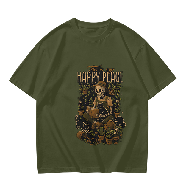 Happy Place Skeleton Gardener Cat Plant Lover T-Shirt