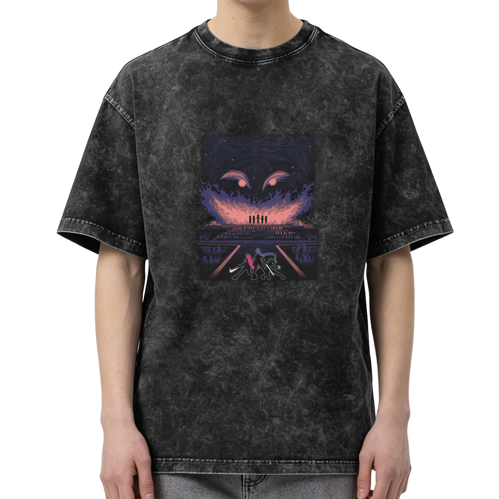 Oversized Acid Wash Graphic T-Shirt with Dark Fantasy Art Print
