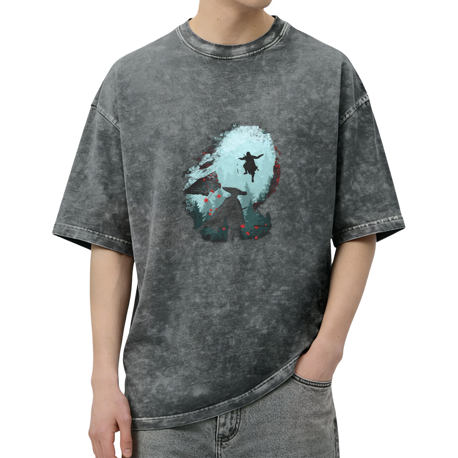 Distressed Darth Vader style printed short-sleeved T-shirt