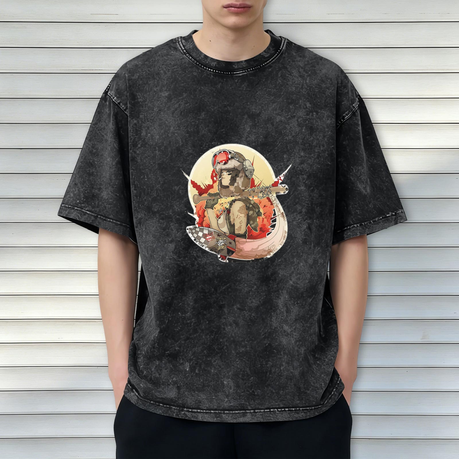 Oversized Acid Wash T-Shirt with Retro Pilot Graphic Print