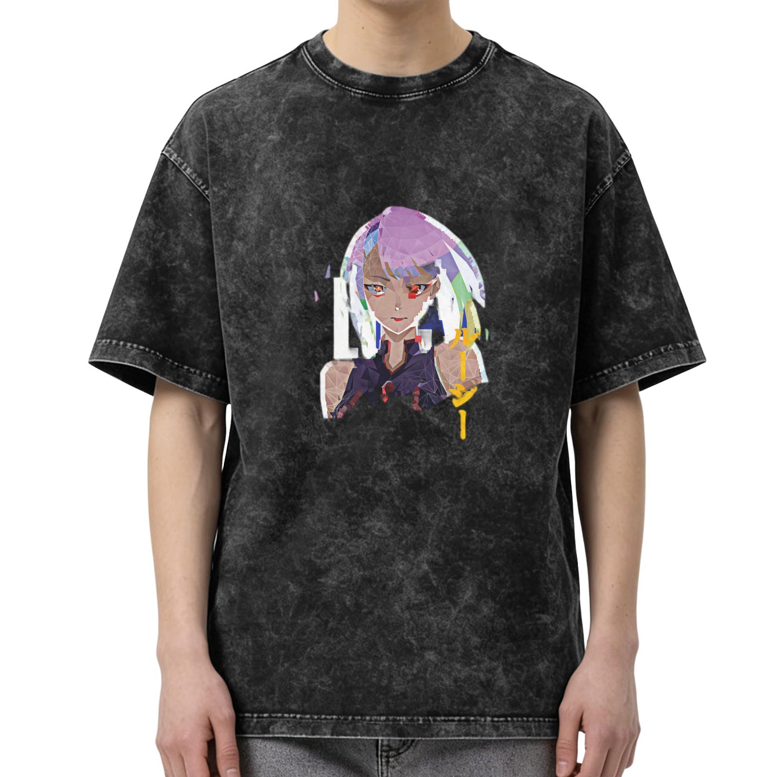 Cyberpunk Anime Character Graphic Oversized Washed Black T-Shirt