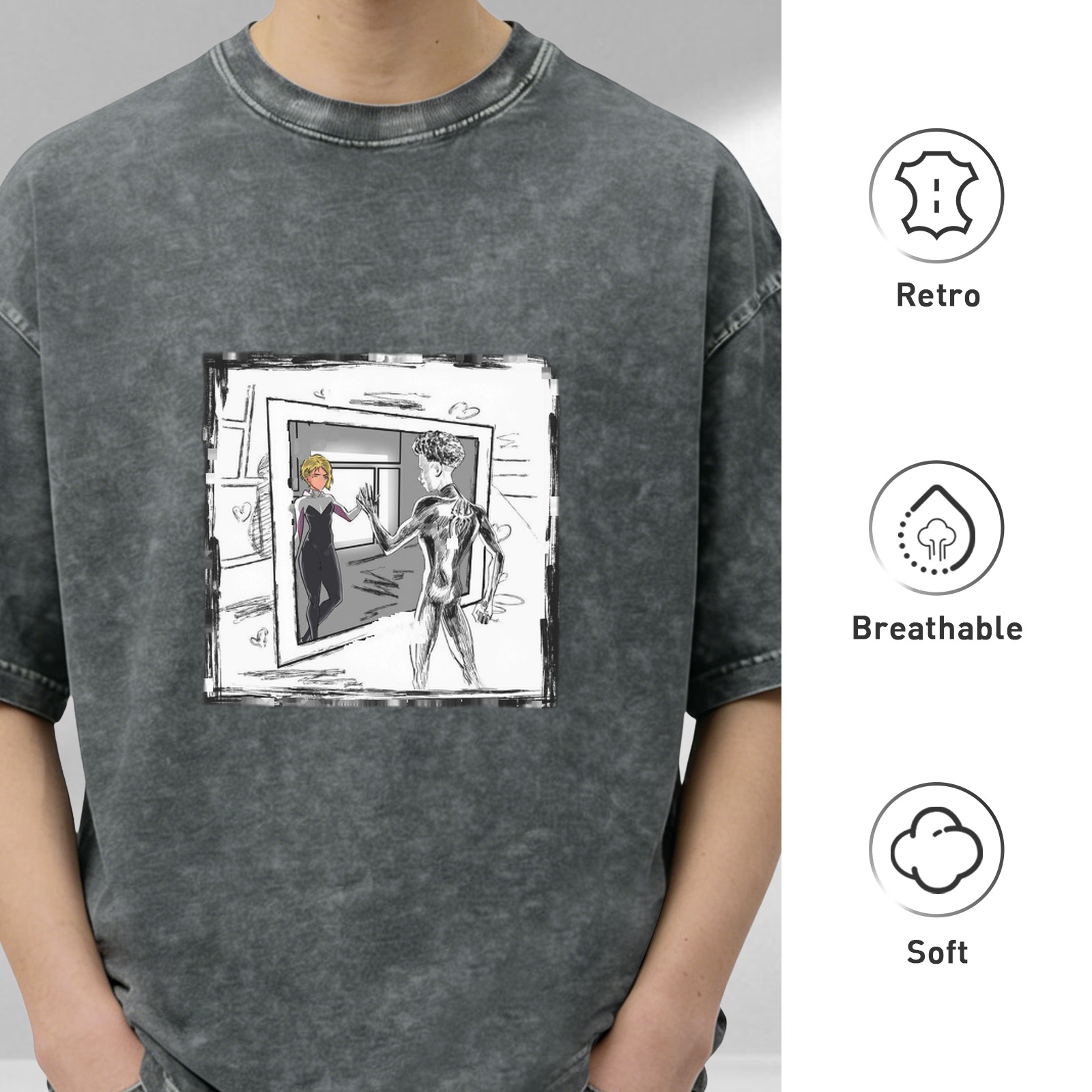 Oversized Stonewashed T-Shirt With Spider Gwen And Miles Art Print