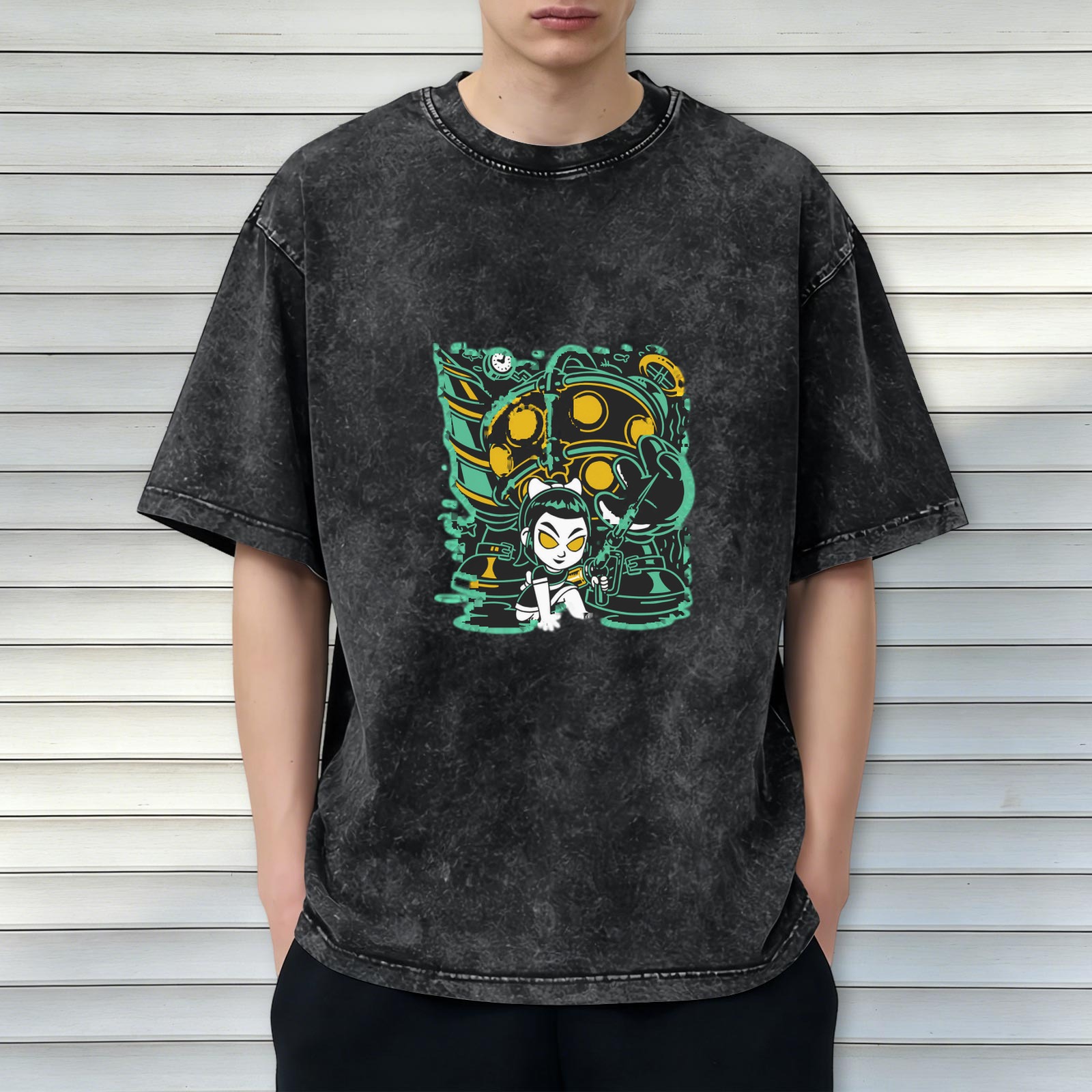 Washed Black Oversized T-Shirt With Cartoon Underwater Character Print