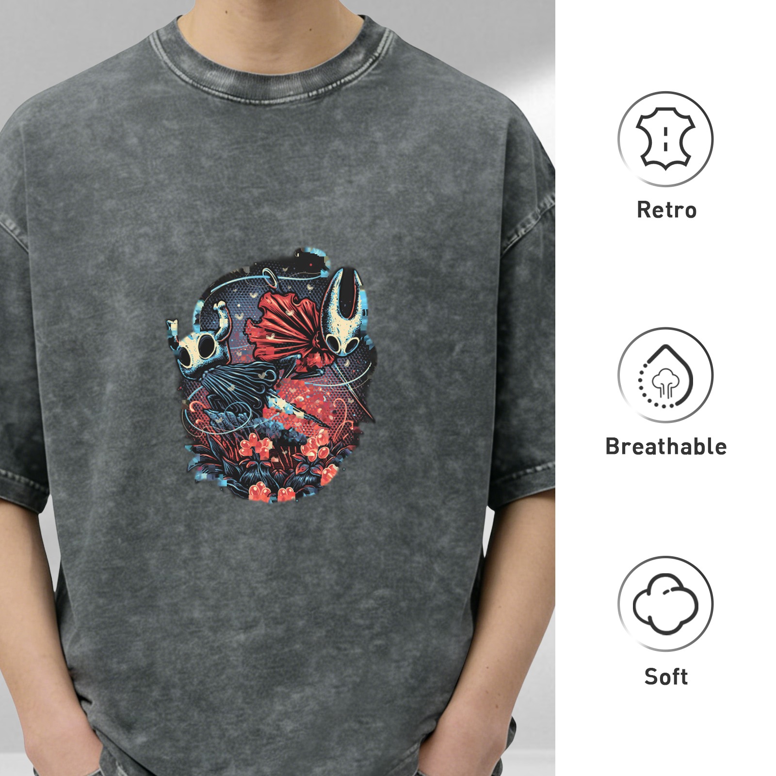 Hollow Knight Themed Dark Wash Graphic T-Shirt