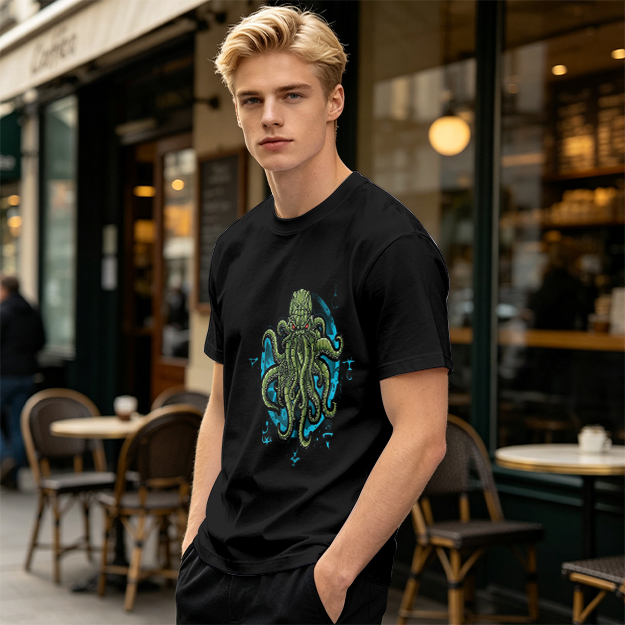 Olive Green T-Shirt With Cthulhu Octopus Monster Graphic