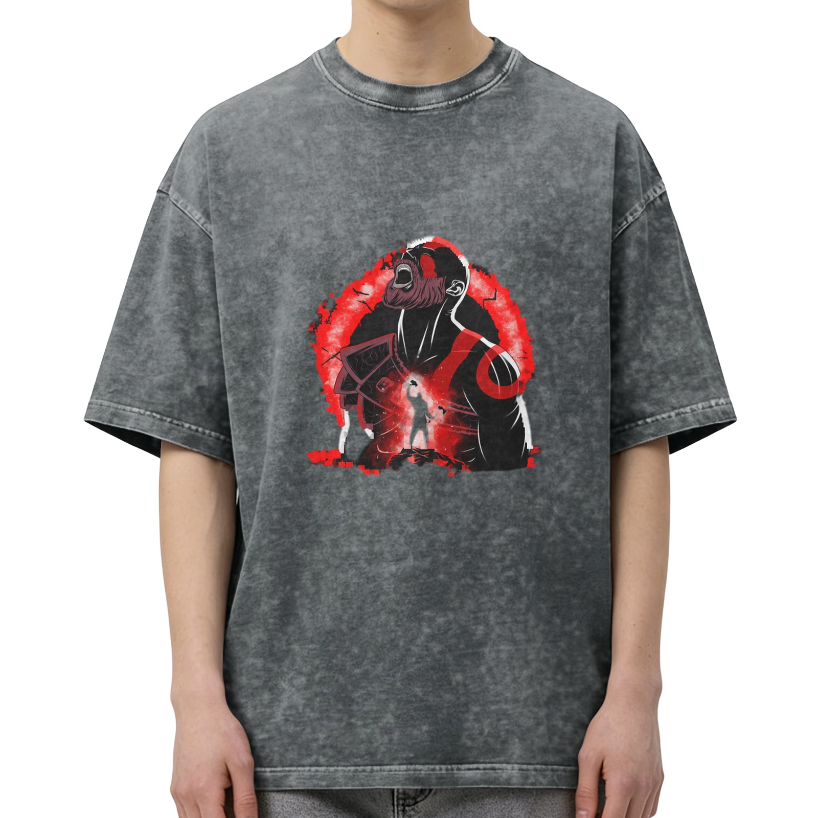 Oversized Stonewashed T-Shirt With Red Warrior Graphic Print