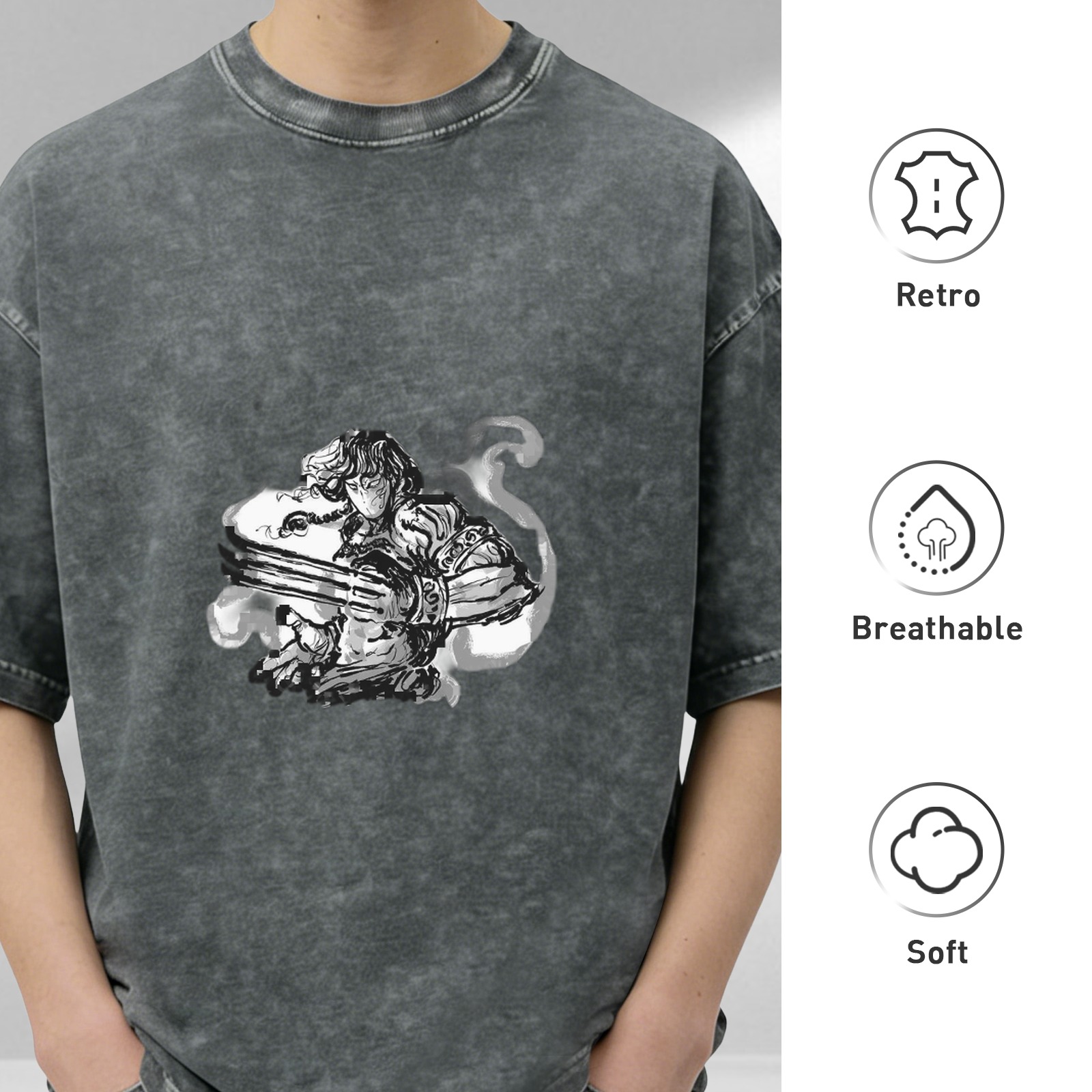 Washed black graphic t-shirt with ink-style warrior print